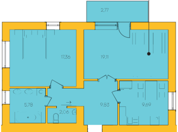ЖК Ядро: планировка 2-комнатной квартиры 66.6 м²