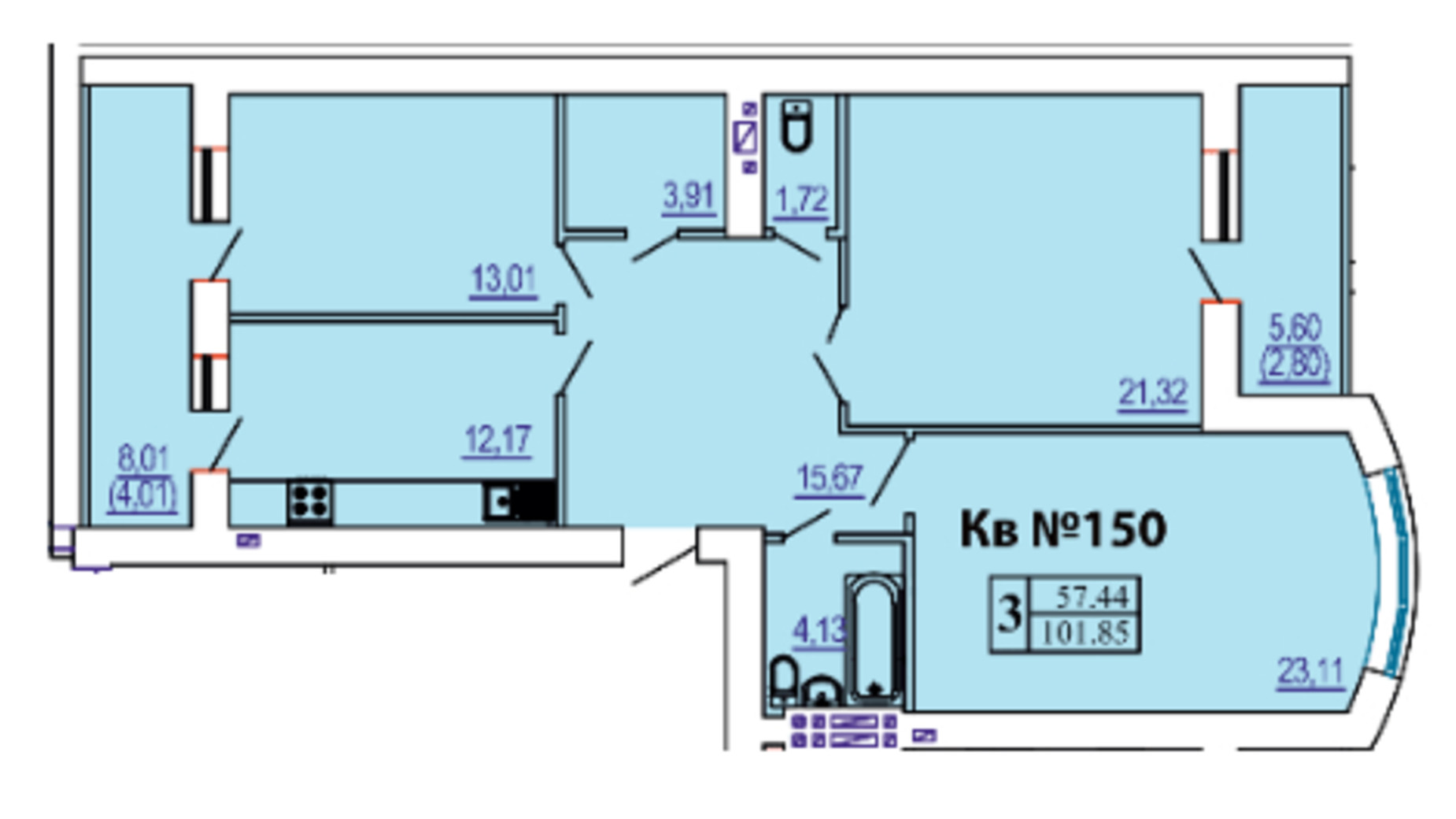 Планировка 3-комнатной квартиры в ЖК Победа 101.85 м², фото 291228
