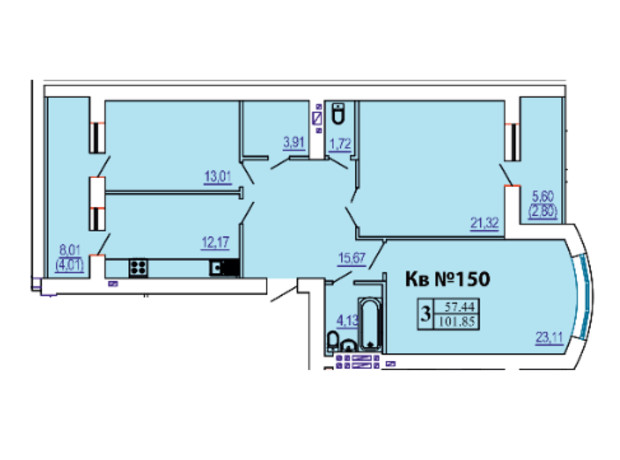ЖК Победа: планировка 3-комнатной квартиры 101.85 м²
