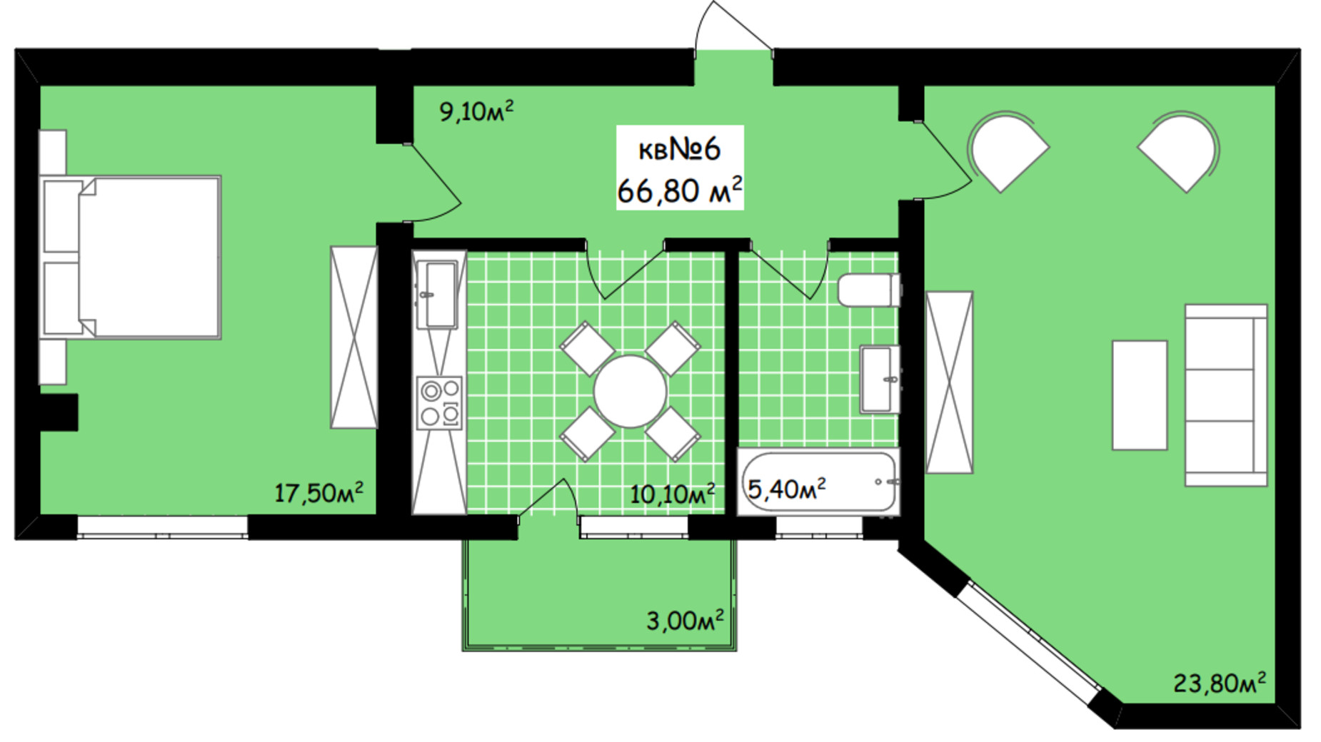 Планировка 2-комнатной квартиры в ЖК Неосити 66.8 м², фото 291253