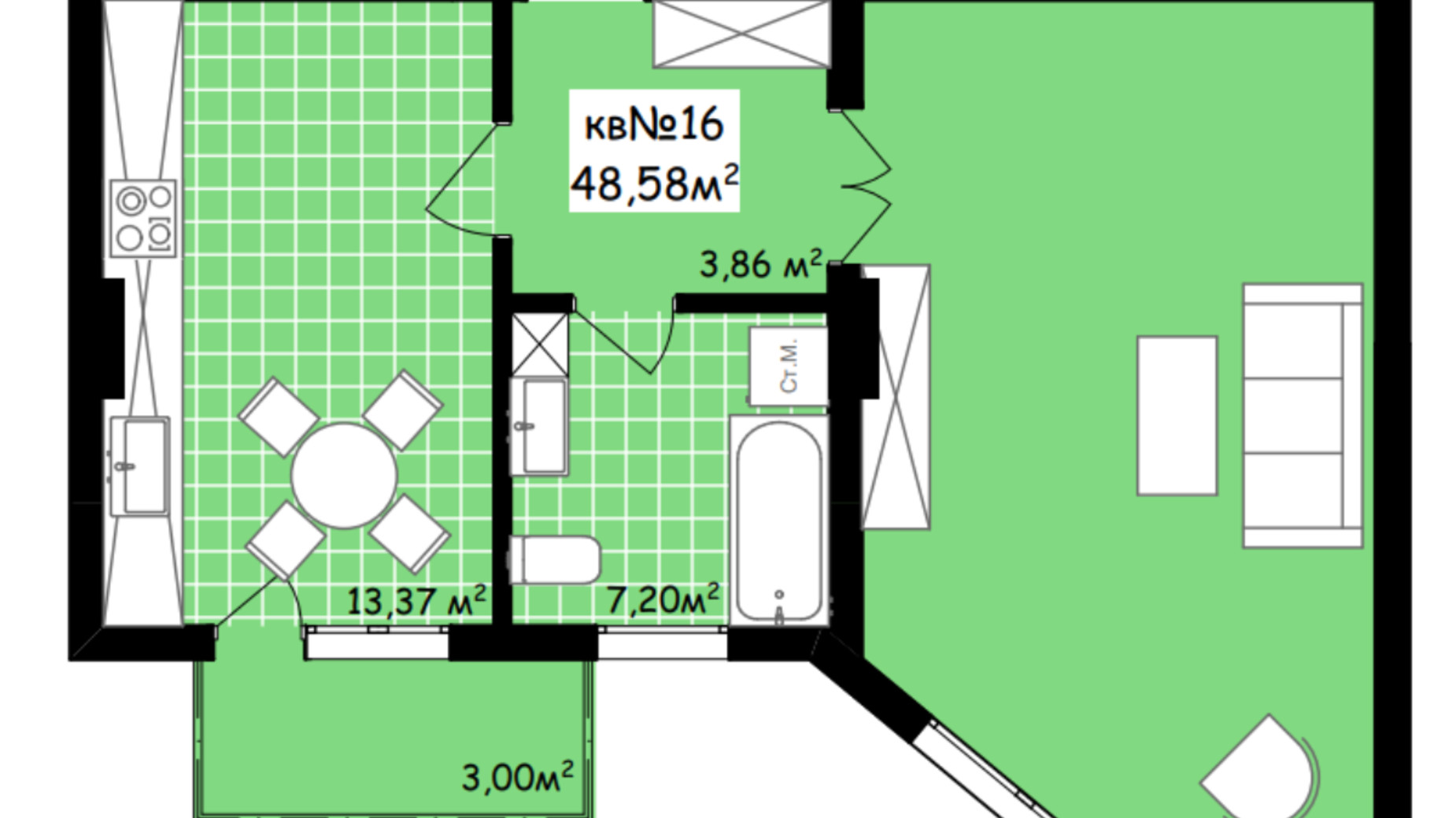 Планування 1-кімнатної квартири в ЖК Неосіті 48.58 м², фото 291256