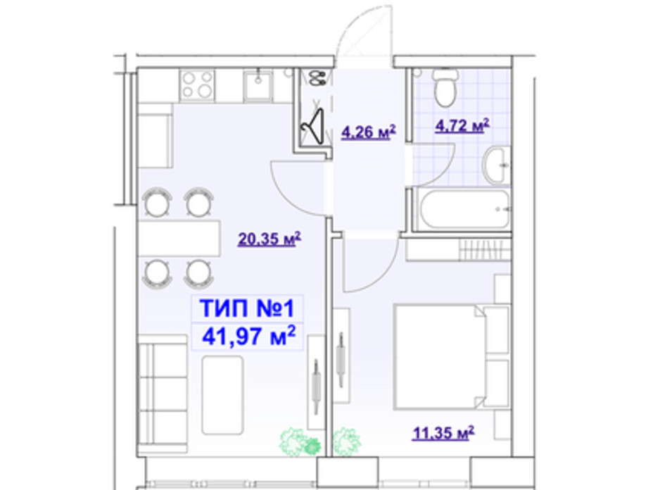 Планування 1-кімнатної квартири в ЖК Barvy 41.97 м², фото 291439 Планування 1-кімнатної квартири в ЖК Barvy 41.97 м², фото 291439