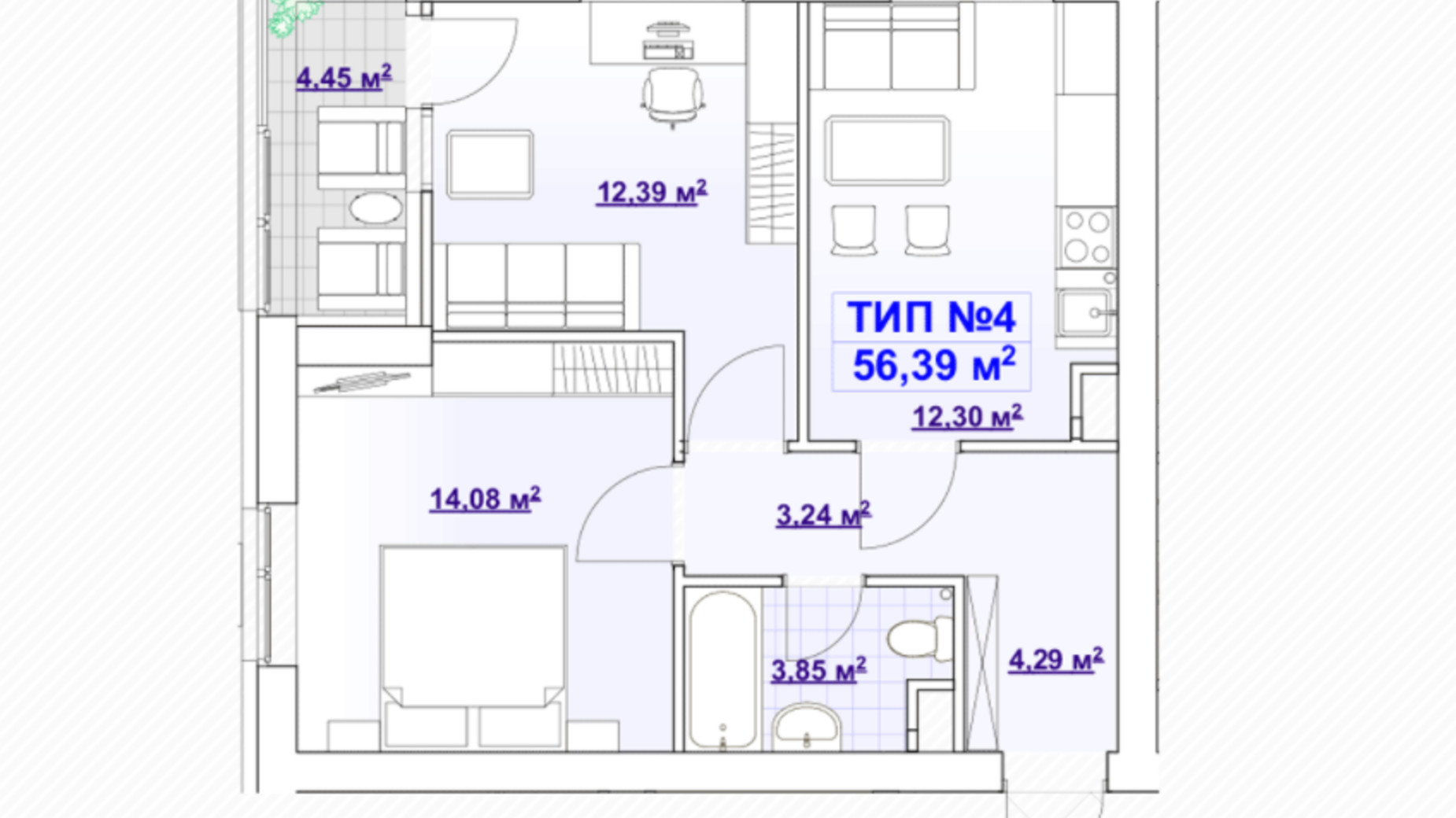 Планировка 2-комнатной квартиры в ЖК Barvy 55.14 м², фото 291486