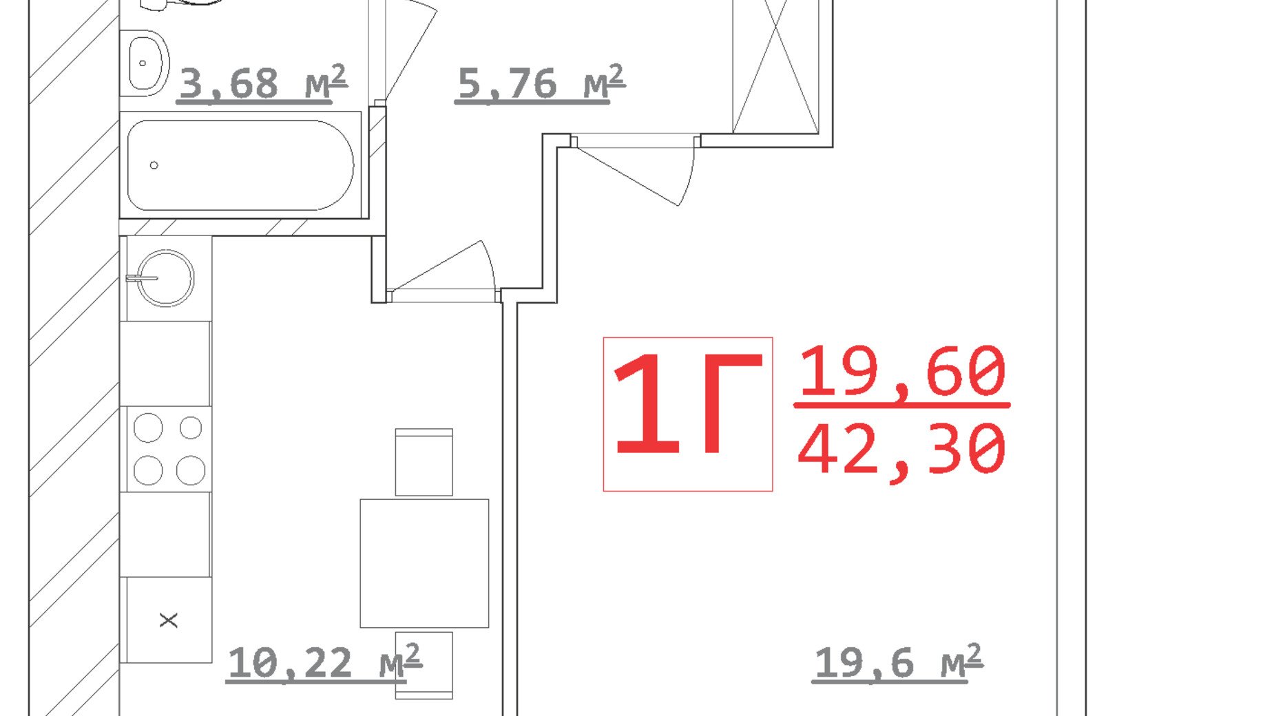 Планування 1-кімнатної квартири в ЖК Новый дом Ньютона 42.3 м², фото 292084