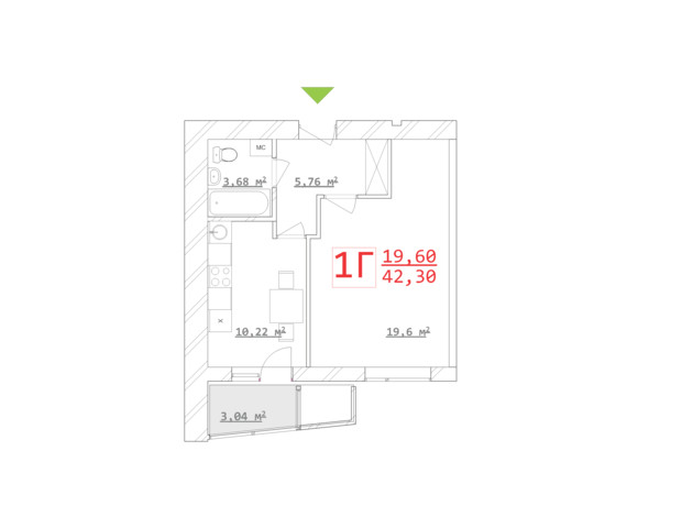 ЖК Новый дом Ньютона: планировка 1-комнатной квартиры 42.3 м²