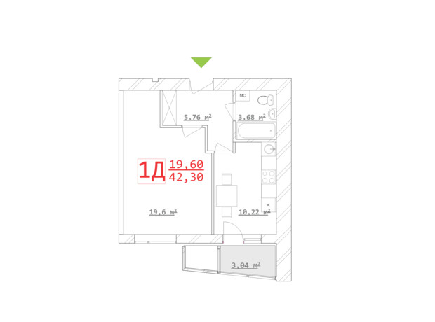 ЖК Новый дом Ньютона: планування 1-кімнатної квартири 42.3 м²