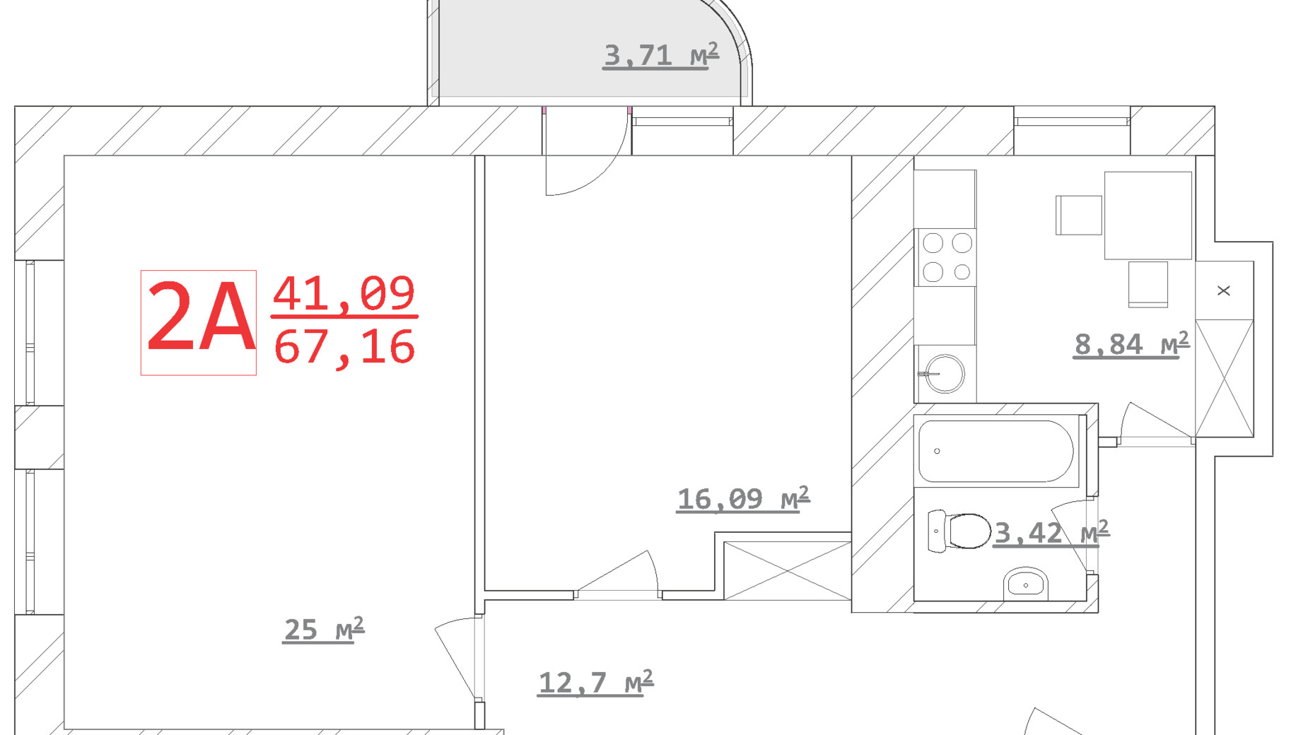 Планування 2-кімнатної квартири в ЖК Новый дом Ньютона 70.94 м², фото 292089