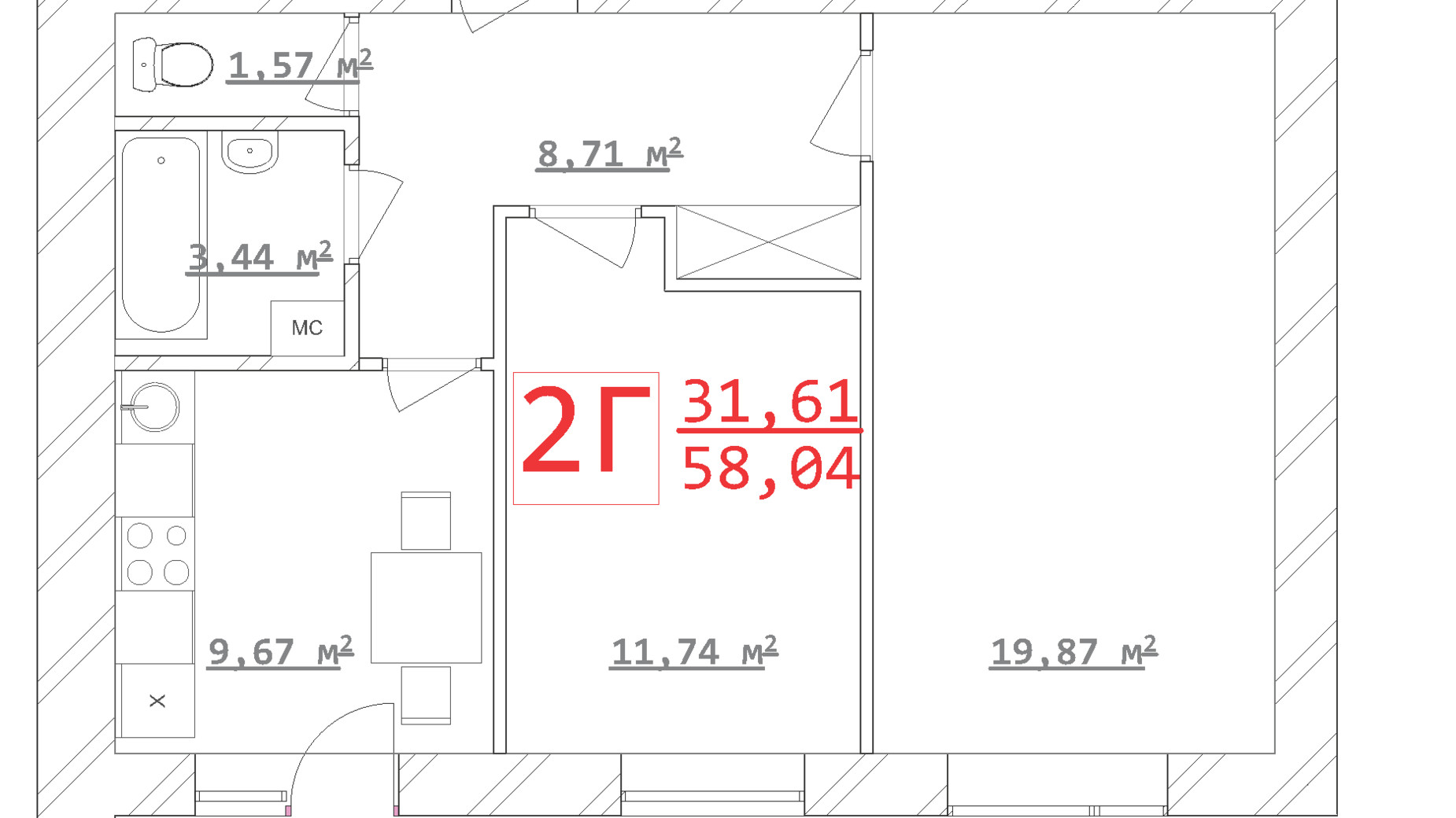 Планування 2-кімнатної квартири в ЖК Новый дом Ньютона 56.84 м², фото 292094