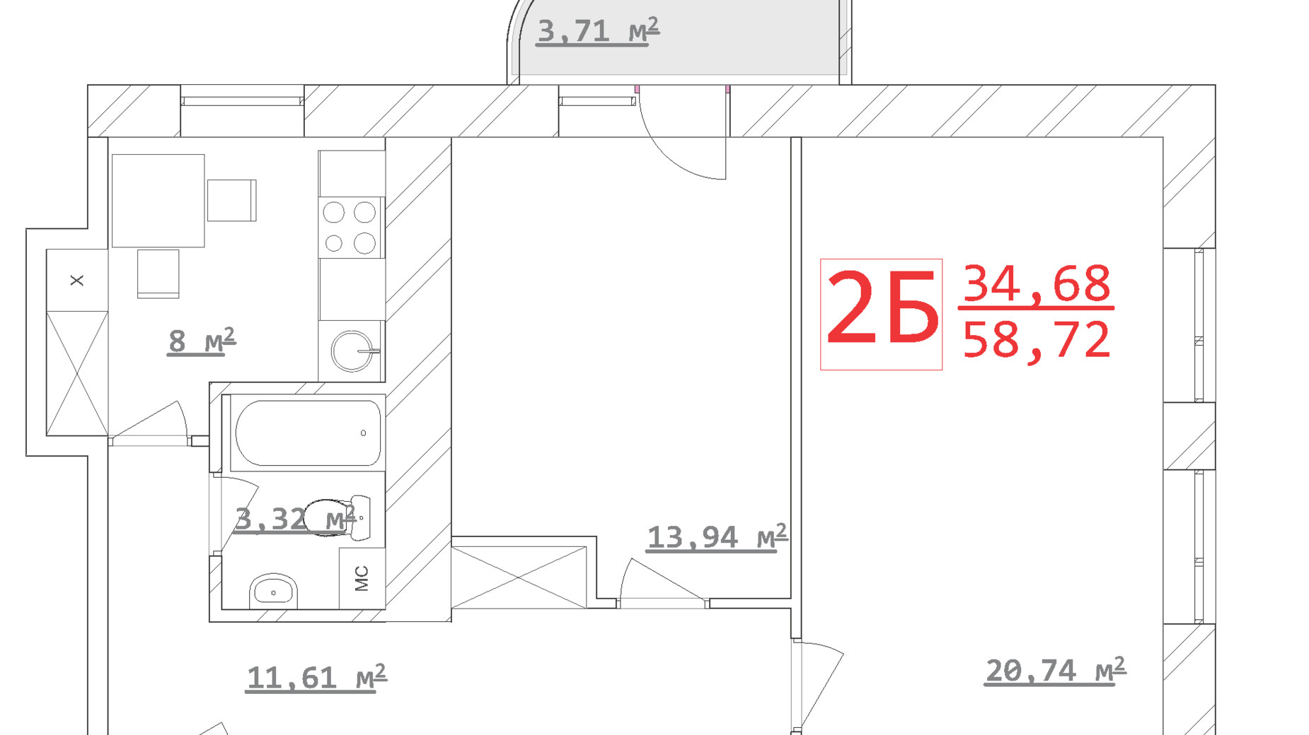 Планування 2-кімнатної квартири в ЖК Новый дом Ньютона 53.84 м², фото 292096