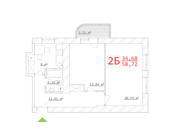 ЖК Новый дом Ньютона: планировка 2-комнатной квартиры 53.84 м²