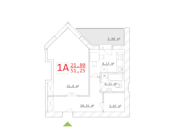 ЖК Новый дом Ньютона: планування 1-кімнатної квартири 42.83 м²