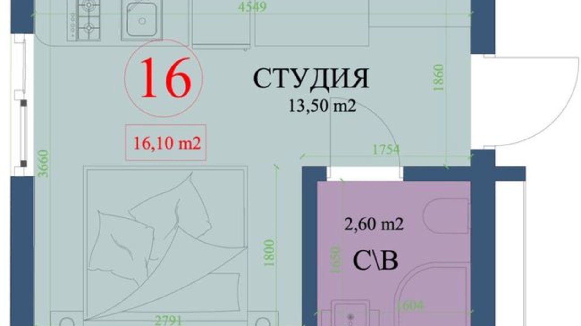 Планування квартири студії в ЖК Куликівський 16.1 м², фото 292599