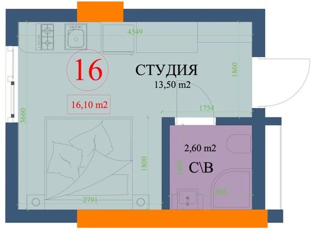 ЖК Куликовский: планировка 1-комнатной квартиры 16.1 м²