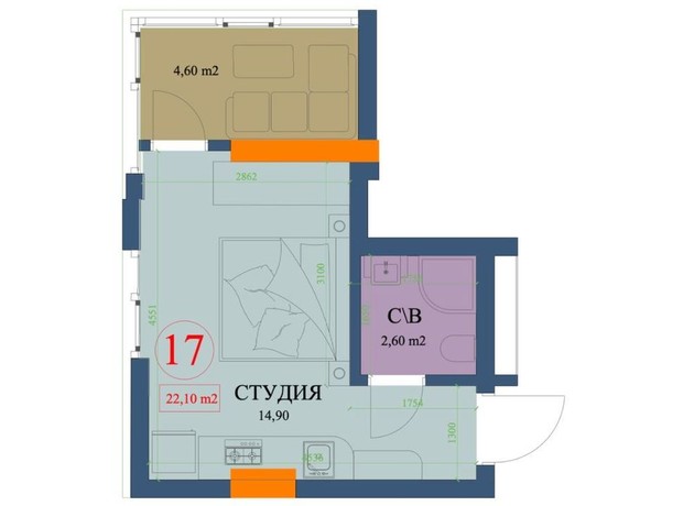 ЖК Куликівський: планування 1-кімнатної квартири 22.1 м²