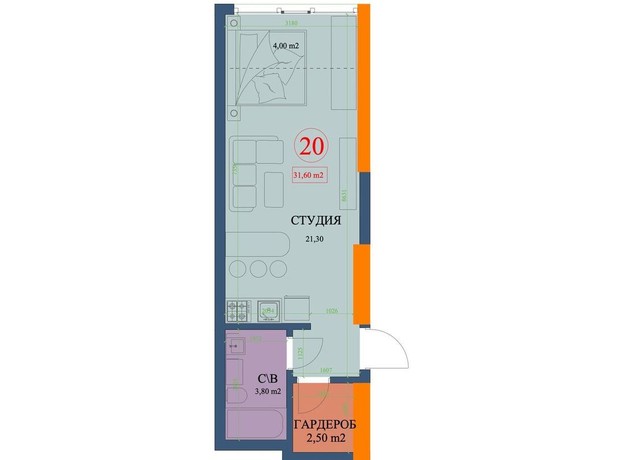 ЖК Куликовский: планировка 1-комнатной квартиры 31.6 м²