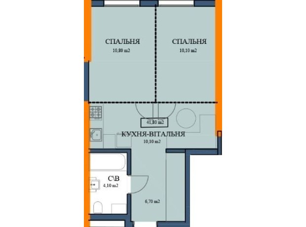 ЖК Куликовский: планировка 2-комнатной квартиры 41.8 м²