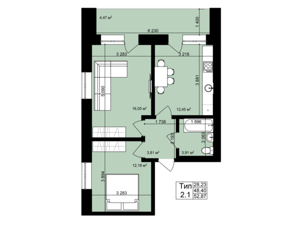 ЖК Urban City: планировка 2-комнатной квартиры 52.87 м²