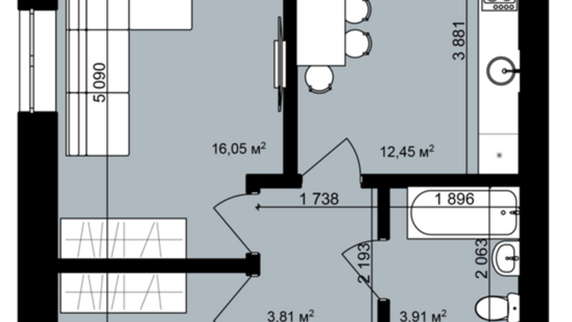Планировка 2-комнатной квартиры в ЖК Гидропарк Сити 57.35 м², фото 292742