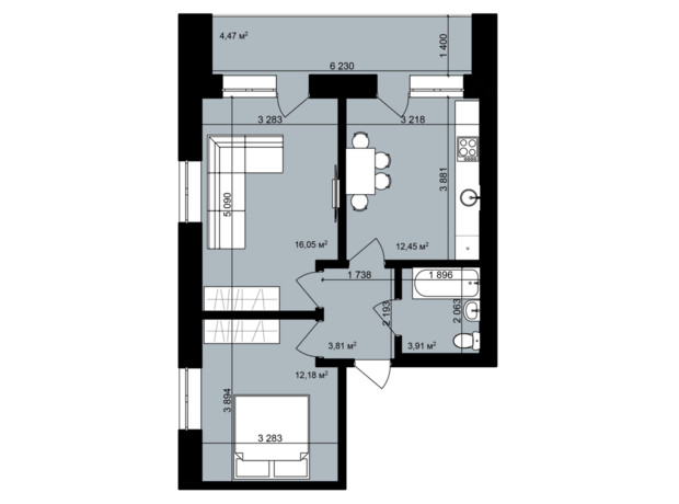 ЖК Гидропарк Сити: планировка 2-комнатной квартиры 57.35 м²