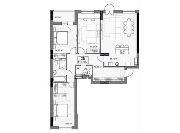 ЖК Yard: планировка 3-комнатной квартиры 116.6 м²