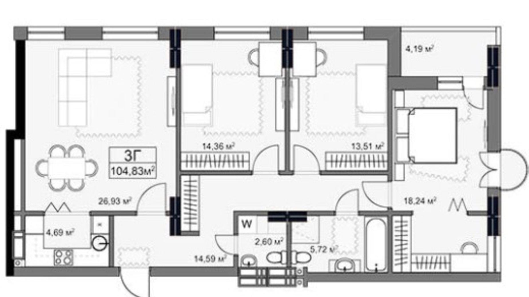 Планування 3-кімнатної квартири в ЖК Yard 104.83 м², фото 293004