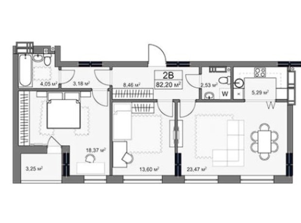 ЖК Yard: планування 2-кімнатної квартири 82.2 м²