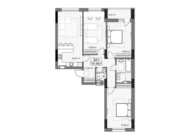 ЖК Yard: планировка 3-комнатной квартиры 101.83 м²
