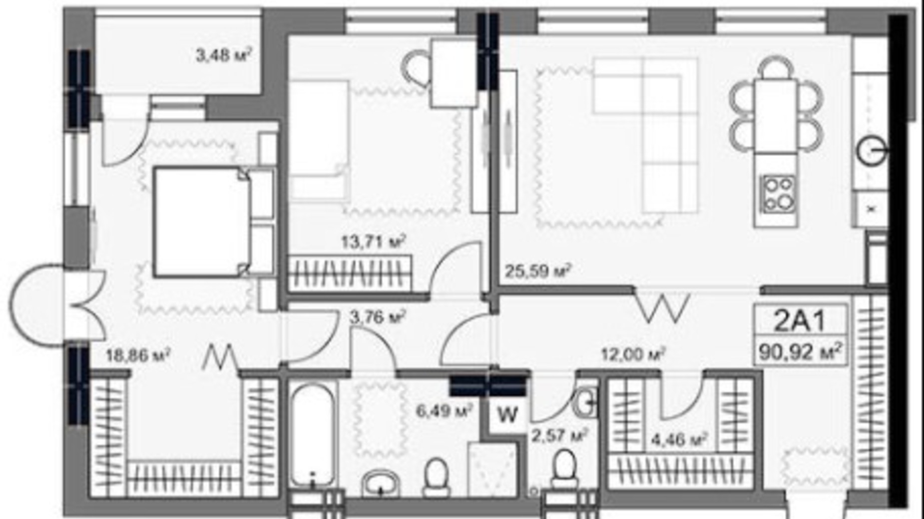 Планування 3-кімнатної квартири в ЖК Yard 90.92 м², фото 293008
