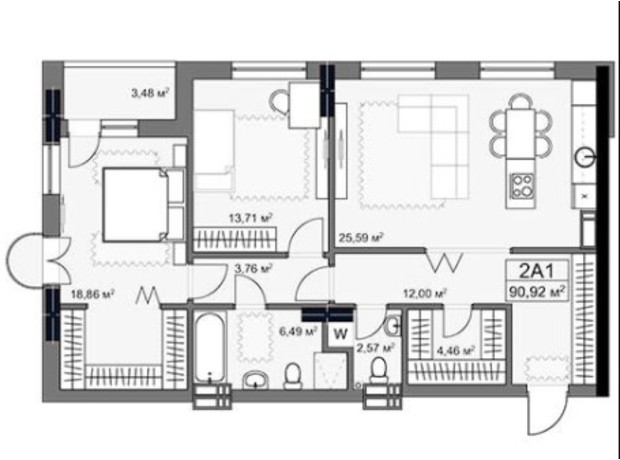 ЖК Yard: планировка 3-комнатной квартиры 90.92 м²