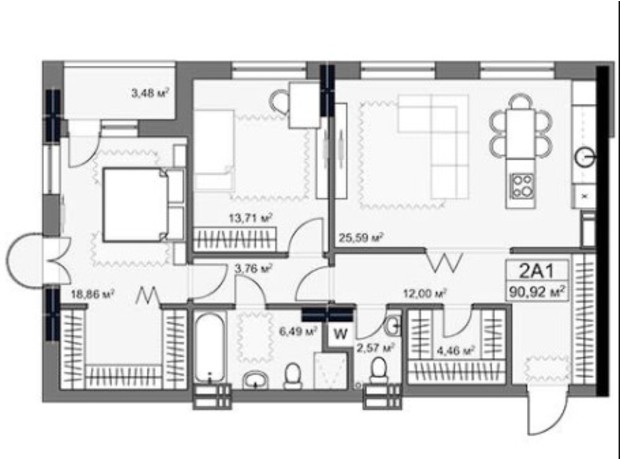 ЖК Yard: планировка 3-комнатной квартиры 94 м²