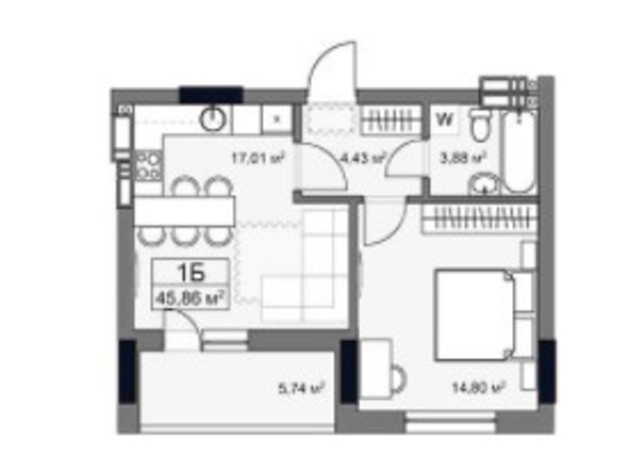 ЖК Yard: планування 1-кімнатної квартири 45.86 м²
