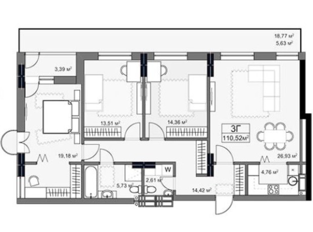 ЖК Yard: планування 3-кімнатної квартири 110.5 м²