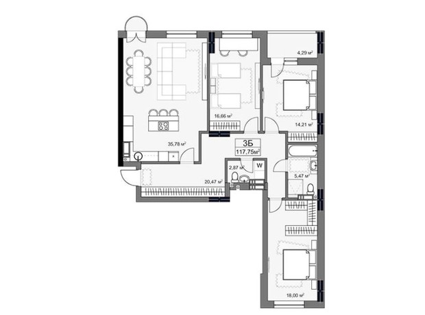 ЖК Yard: планировка 3-комнатной квартиры 117.8 м²