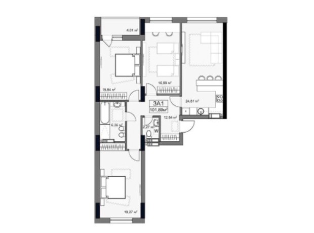 ЖК Yard: планировка 3-комнатной квартиры 101.89 м²