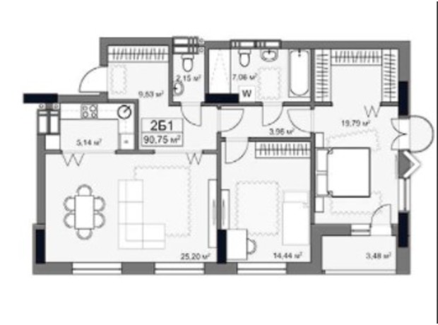 ЖК Yard: планування 2-кімнатної квартири 90.75 м²