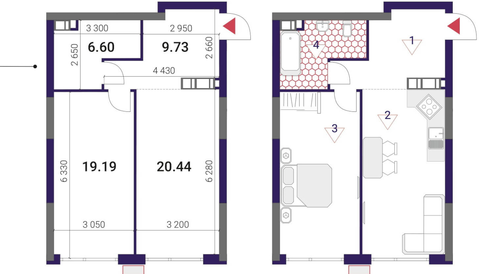 Планування 1-кімнатної квартири в ЖК Great 55.96 м², фото 293070