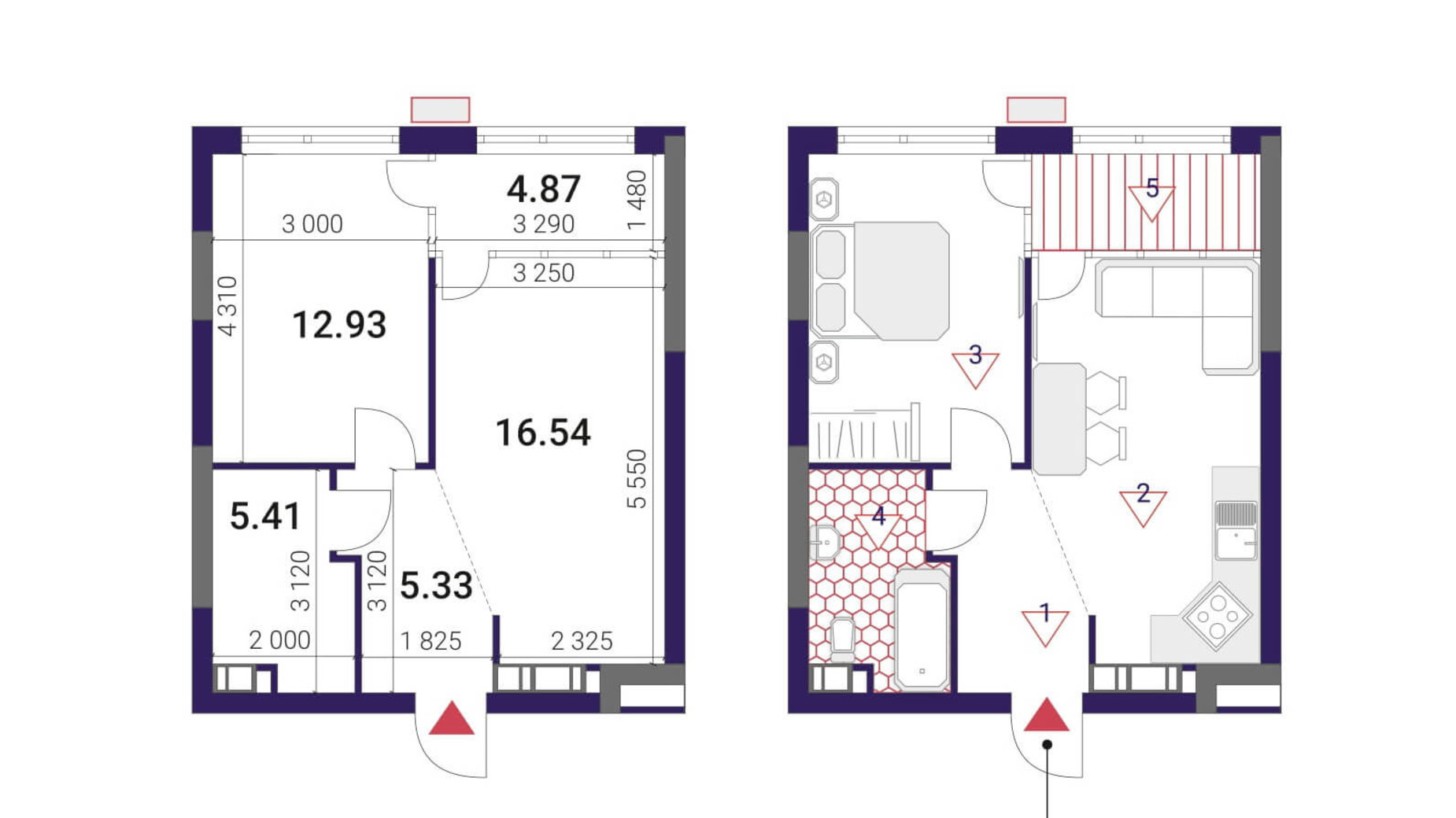 Планування 1-кімнатної квартири в ЖК Great 45.76 м², фото 293073