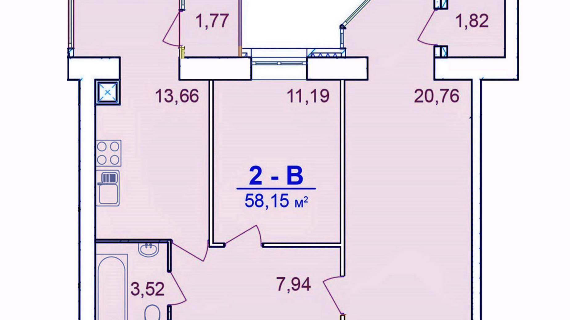 Планування 2-кімнатної квартири в ЖК Європейський Двір 58.15 м², фото 293274