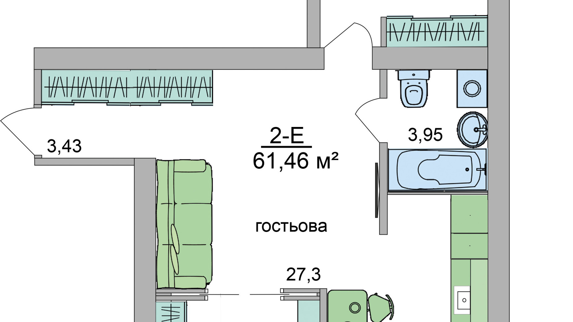 Планировка 2-комнатной квартиры в ЖК Европейский Двор 60.13 м², фото 293282