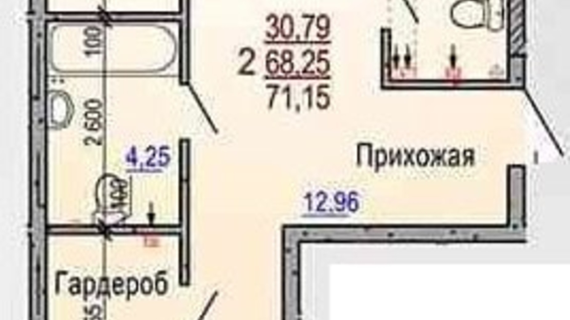 Планування 2-кімнатної квартири в ЖК Меридиан 71.15 м², фото 293482