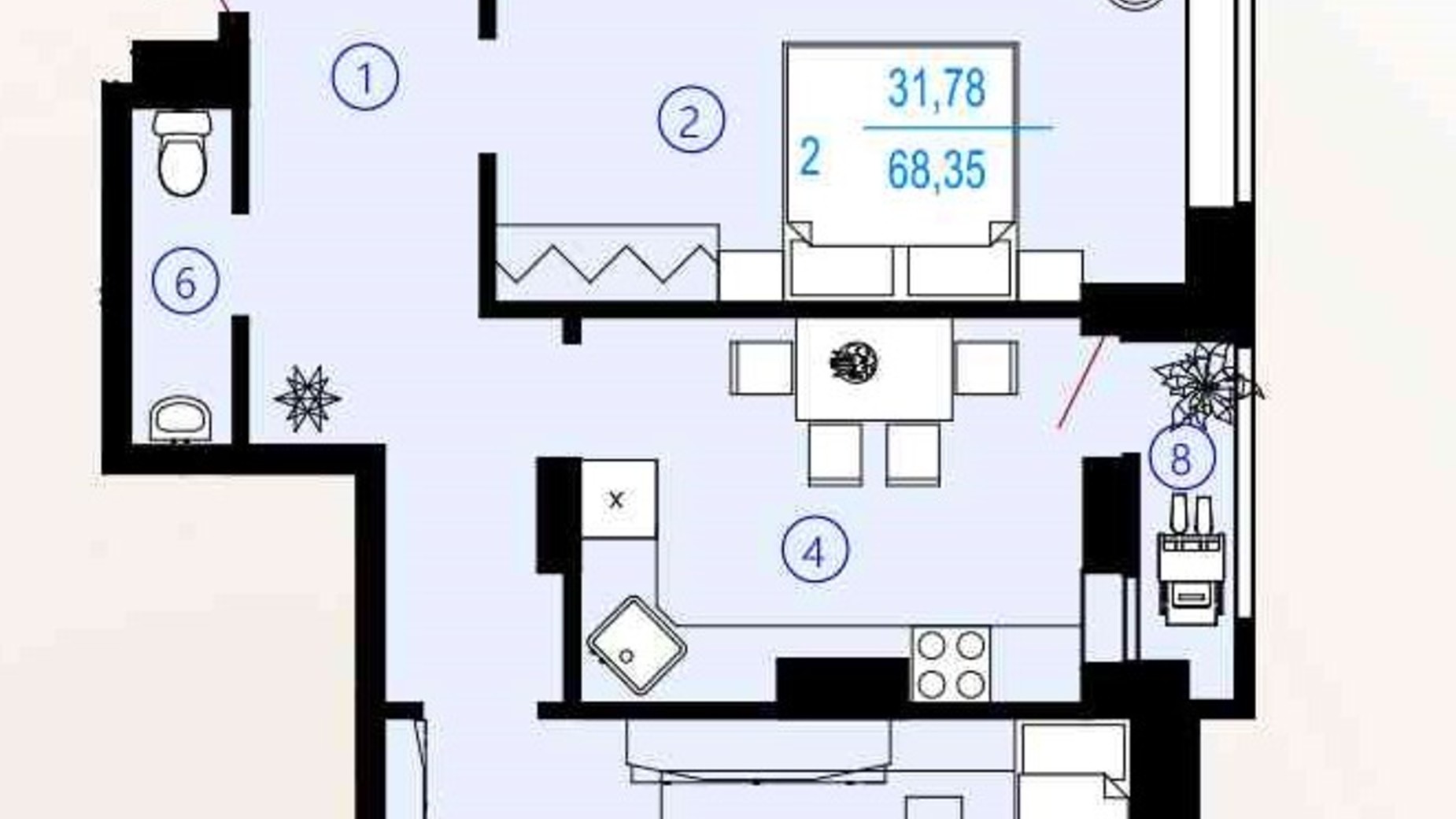 Планировка 2-комнатной квартиры в ЖК Меридиан 67.95 м², фото 293984