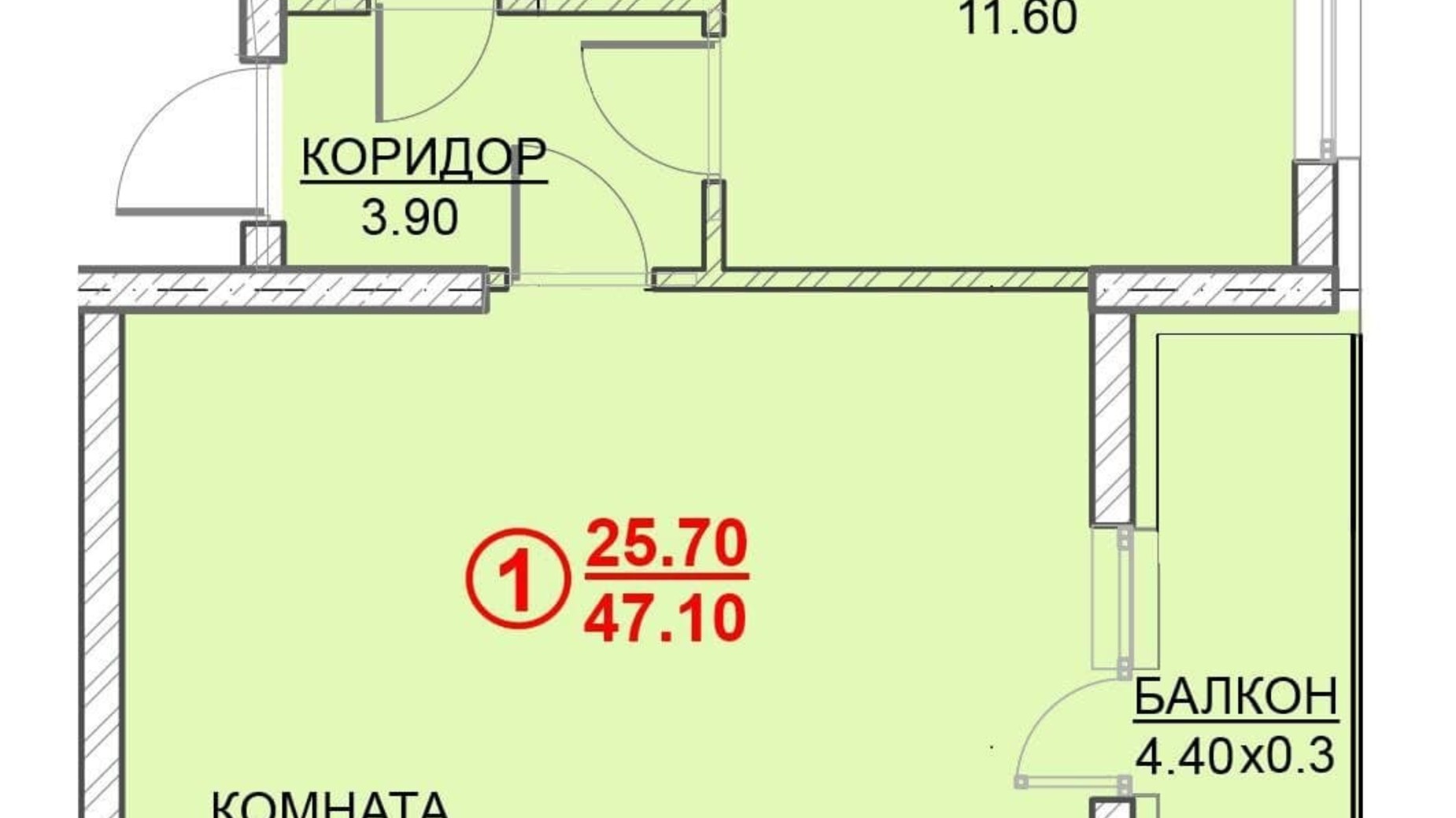 Планування 1-кімнатної квартири в ЖК Велесгард 47.1 м², фото 294026