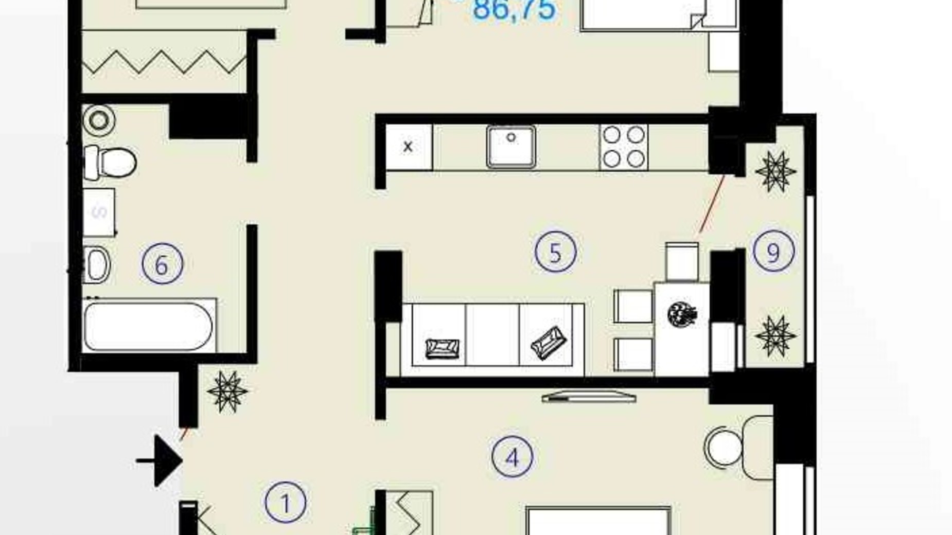 Планировка 3-комнатной квартиры в ЖК Меридиан 86.75 м², фото 294203