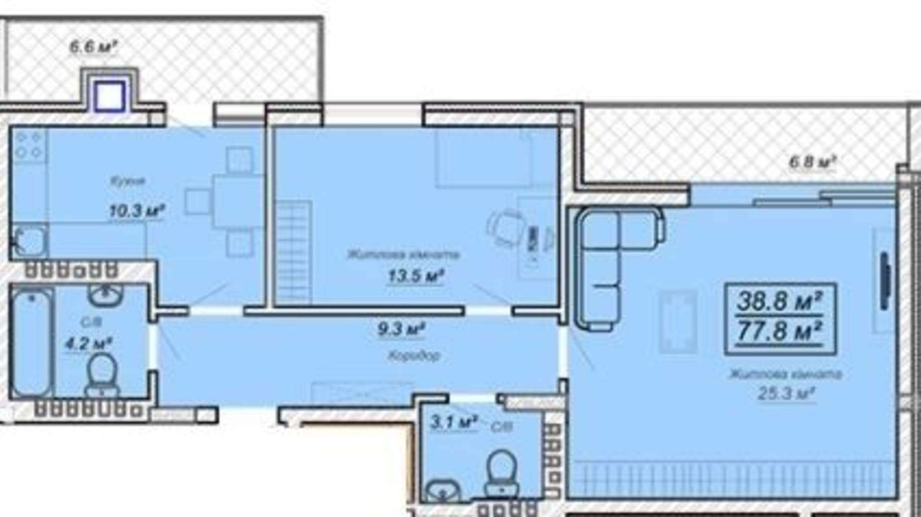 Планировка 2-комнатной квартиры в ЖК Grand Village 77.8 м², фото 294377