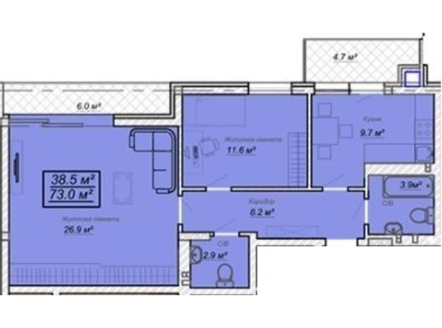 ЖК Grand Village: планировка 2-комнатной квартиры 73.8 м²