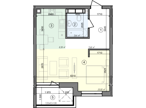 ЖК Голосеевская Долина: планировка 1-комнатной квартиры 40.7 м²