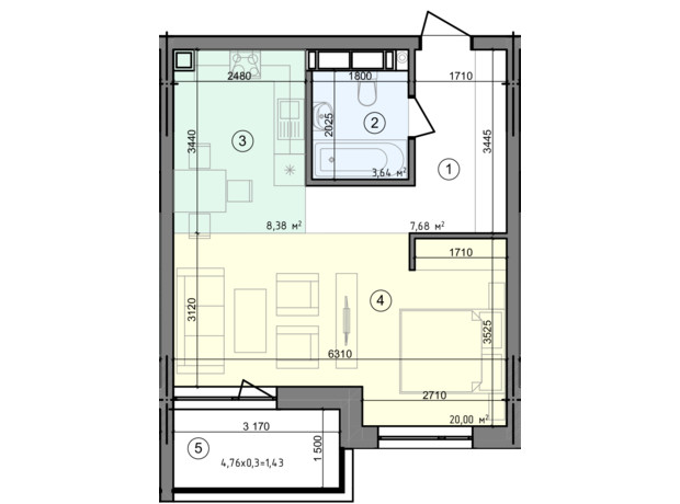 ЖК Голосеевская Долина: планировка 1-комнатной квартиры 41.13 м²