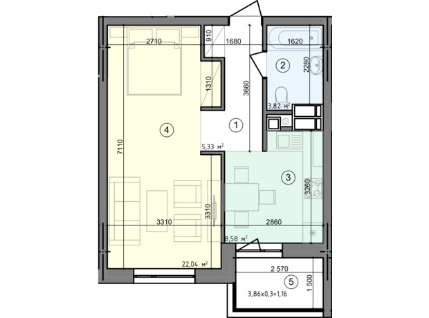 ЖК Голосеевская Долина: планировка 1-комнатной квартиры 40.93 м²