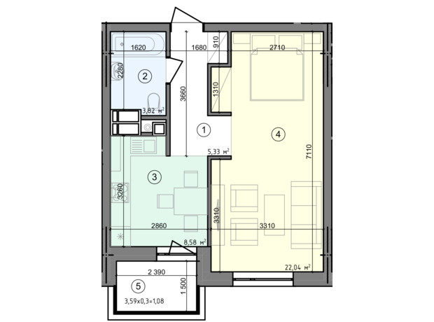 ЖК Голосеевская Долина: планировка 1-комнатной квартиры 40.85 м²