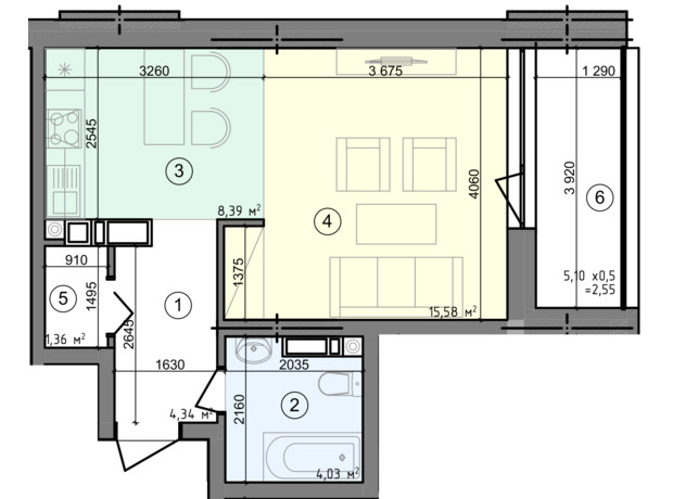 ЖК Голосеевская Долина: планировка 1-комнатной квартиры 36.25 м²